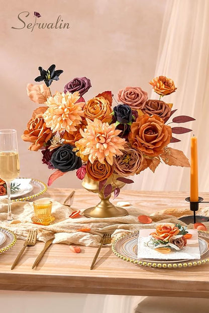 Serwalin Artificial Orange & Black Flowers, Silk Fake Flowers for DIY Wedding Bouquets Cake Flower, Harvest Table Centerpieces Birthday Party Home Halloween Decorations