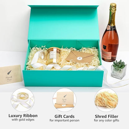 LIFELUM Green Blue Gift Box 13.85 x 8.35 x 4.45 inch, 1 Pack Big Gift Box with Magnetic Lid for Presents,Birthday, Bridesmaid Proposal Boxes Contains Ribbon, Card,Shredded Paper Filler