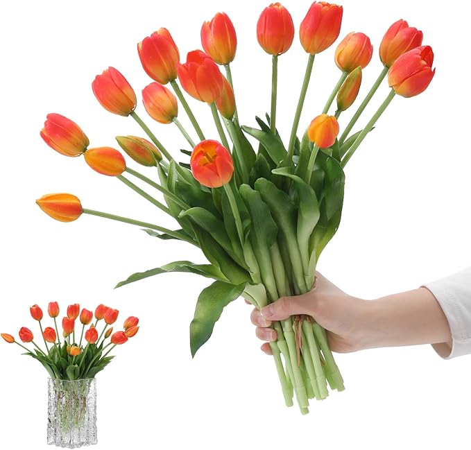 15PCS Artificial Tulips Real Touch Orange Faux Latex Flowers Lifelike Fake Tulip Bouquet Flowers Arrangements for Wedding Home Kitchen Garden Table Party Decoration
