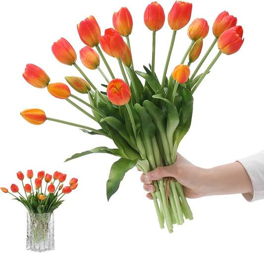 15PCS Artificial Tulips Real Touch Orange Faux Latex Flowers Lifelike Fake Tulip Bouquet Flowers Arrangements for Wedding Home Kitchen Garden Table Party Decoration