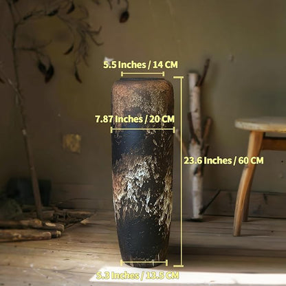 Rustic Ceramic Tall Floor Vase,23.6 Inch Black Large Pottery Farmhouse Decor Floor Vase for Living Room Entryway Table Centerpiece Decor,Vintage Terracotta Vases,Wedding Gift