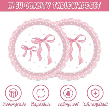 40Pcs Pink Bow Birthday Decorations Pink Bow Plates and Napkins Set Party Supplies for Baby Shower Decor Bachelorette Coquette Birthday Decorations for Girl