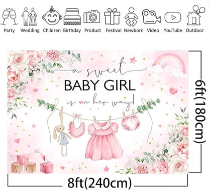 Mocsicka Sweet Baby Girl Princess Pink Greenery Party Decoration for Girl's Baby Shower Photo Booth (Pink, 8x6ft)
