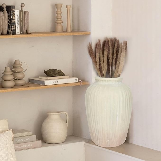 Oakrain 15" Tall Rustic Vase, Decorative Flower Vase for Table with Gradient Design, Large Floor Planter for Indoor Plants, Home Decor, Living Room, Entryway, Beige
