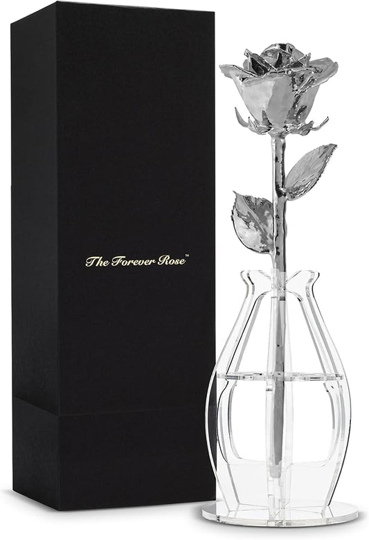 Forever Rose Real Rose Dipped in Platinum, Handcrafted Preserved Rose in Bloom Box and Phantom Vase, Romantic Gift for Her, Elegant Keepsake for Anniversary, Birthday, or Any Special Occasion