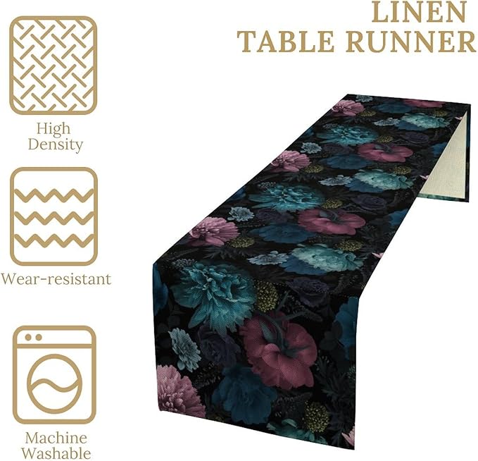 Blue Pink Flowers Table Runner, Boho Rose Flower Blossom Rustic Vintage Garden Peonies Spring Table Runner for Home Kitchen Dining Table Indoor Outdoor Party, 13x120inch