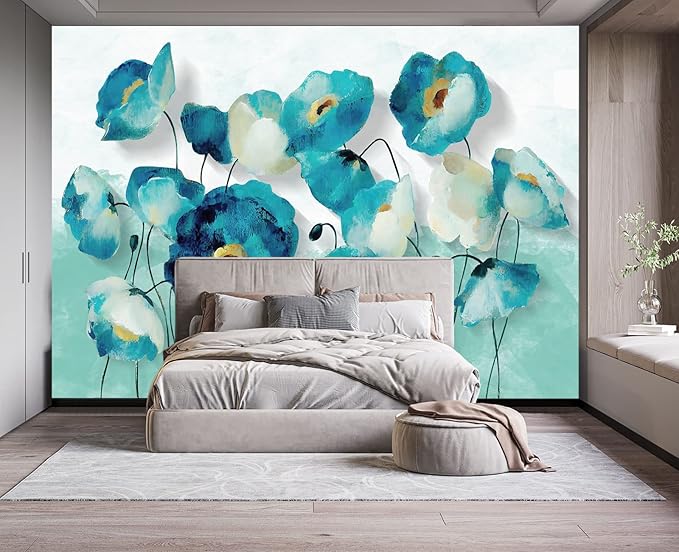 Blue Oil Painting Flowers Wall Mural Wallpaper for Bedroom 137" x 100"