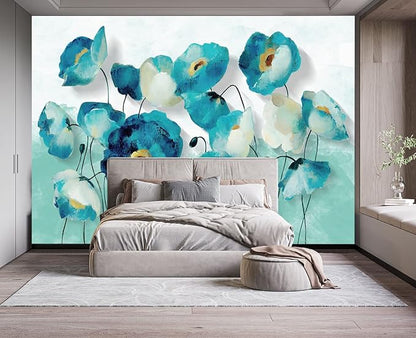 Blue Oil Painting Flowers Wall Mural Wallpaper for Bedroom 137" x 100"