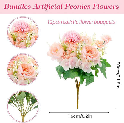 Olgaa 12 Bundles Peonies Artificial Flowers Silk Flowers Fake Peony Bouquet Faux Peonies Flowers Bulk for Wedding Decor Centerpiece Table Decorations (Pink)