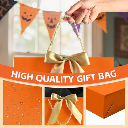 JMANNI 1PCS Large Gift Bag with Ribbon and 1 Greeting Card 2 Tissue Papers, Portable Paper Gift Bag with Handles, Birthday Present Bags for Wedding Party,Mothers Day12.6" x 9.8" x 3.9"(Orange