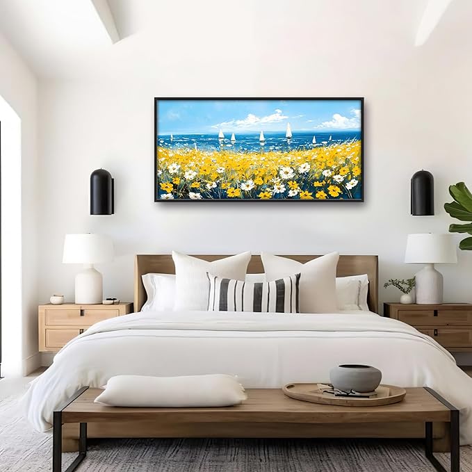 Coastal Flowers Large Wall Art Framed Blue Wall Decor for Living Room Ocean Sailboat Pictures Oversized Canvas Print Painting Modern Extra Large Framed Artwork for Bedroom Office 60"x30"
