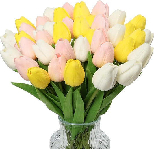 30pcs Tulips Artificial Flowers, Artificial Latex Real Touch Tulips Flowers Bouquet for Mother's Day Easter Wedding Party Home Decor-Mix 3 Color