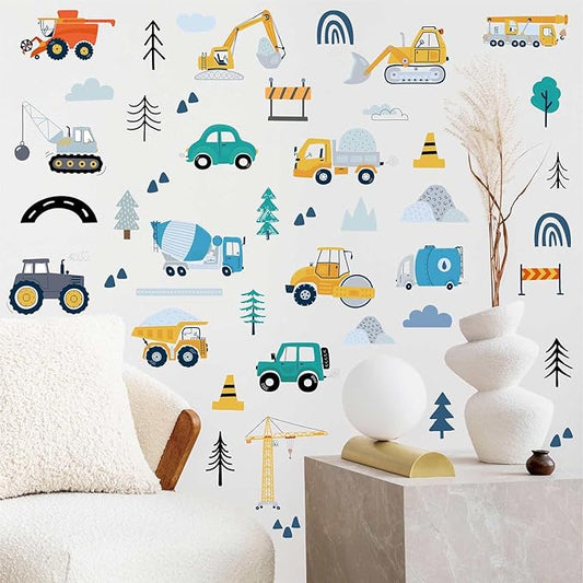 Construction Vehicles Wall Decals - 90Pcs (6 Sheets) Peel & Stick Removable Wall Stickers for Boys Room, Nursery, Playroom - Trucks, Excavator, Crane Theme Boho Kids Bedroom Decor, Easy DIY