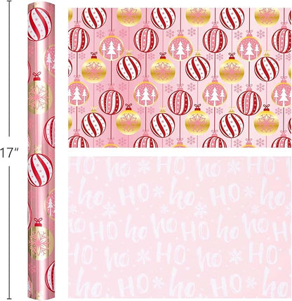 MAYPLUSS Christmas Wrapping Paper Roll - 17 Inch X 33 Feet - Pink Christmas Bell Tree Snowflake Star Reversible HO Gift Wrapping Paper, Thick Wrap Paper for Holiday Party New Year Kids