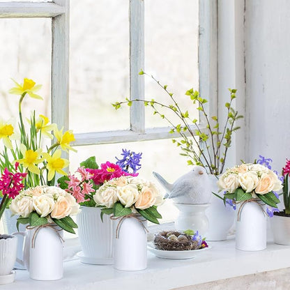 Domensi 5.91 in High Farmhouse Vase Decor Galvanized Metal Flower Vase with Twine Bow Vintage Rustic Tin Flower Buckets for Artificial Floral Table Container DIY(White,16 Pcs)