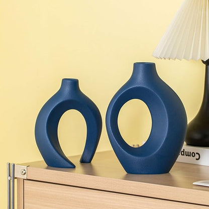 Levvohd Snuggle Hollow Ceramic Vase Set of 2, 8.4 inch Modern Nordic Coastal Shaped Pampas Grass Aesthetic Decorative Table Vases for Home Decor (Matte Navy Blue - M)