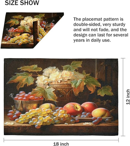 Grape Placemats, Place Mats Set of 4, Heat Resistant Place Mats, Washable Table Mats for Dining Table, Non-Slip Stain Resistant Kitchen Table Placemats, Floral Vintage Fruit Rustic