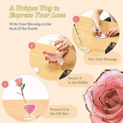 Mikasol Real 24K Gold Dipped Realistic Rose – Timeless Lifelike Bloom with Heart Puzzle Base – Romantic Pink Flower Gift for Her, Wife, Girlfriend, Mom – Birthday, Anniversary, Mother’s Day (Pink)
