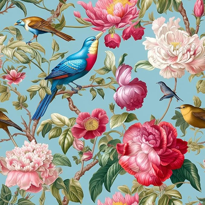 Vintage Pink Blue Peony Floral Birds Peel and Stick Wallpaper Easy Peel Off Contact Paper Stick on Adhesive Wall Paper for Bathroom Waterproof Renter Friendly