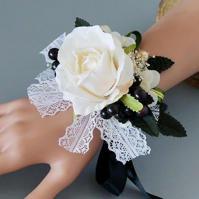 Aimto Ivory Rose and Black Wrist Corsage and Boutonniere Set for Wedding Flower Accessories Prom Suits