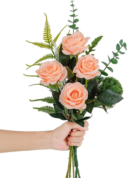 DuHouse 10pcs Fake Roses Artificial Silk Flowers Long Stems Bouquet for Arrangement Wedding Centerpiece Party Home Kitchen Decor(Peach Fuzz-a)
