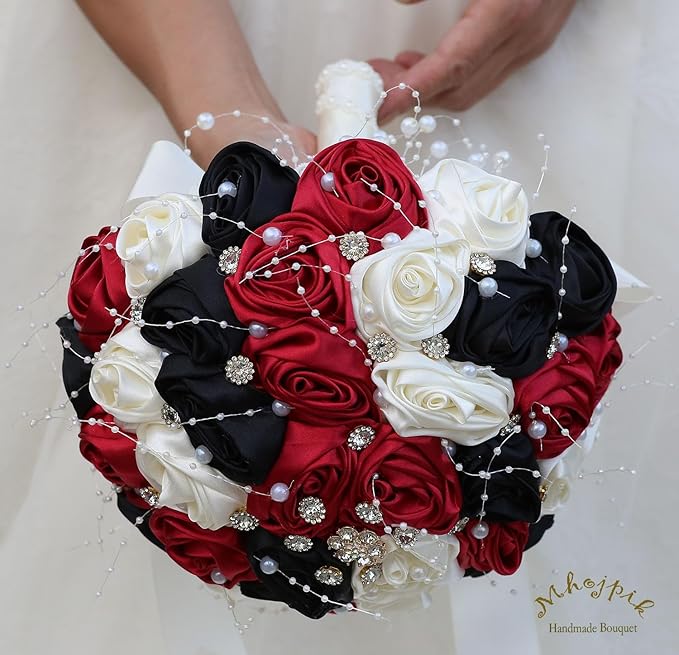 Bridal Wedding Bouquet Round Bling Brooch Bouquet Throw Toss Artificial Rose Flower Bunch for Bride Bridesmaid Wedding Quinceanera(Ruby Red, Black & Ivory, 6.3")