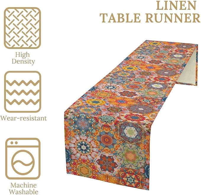 Boho Table Runner, Orange Geometric Mandala Flower Fall Farmhouse Decor Table Runner for Kitchen Dining Party Home Decoration, 13x108 Inch