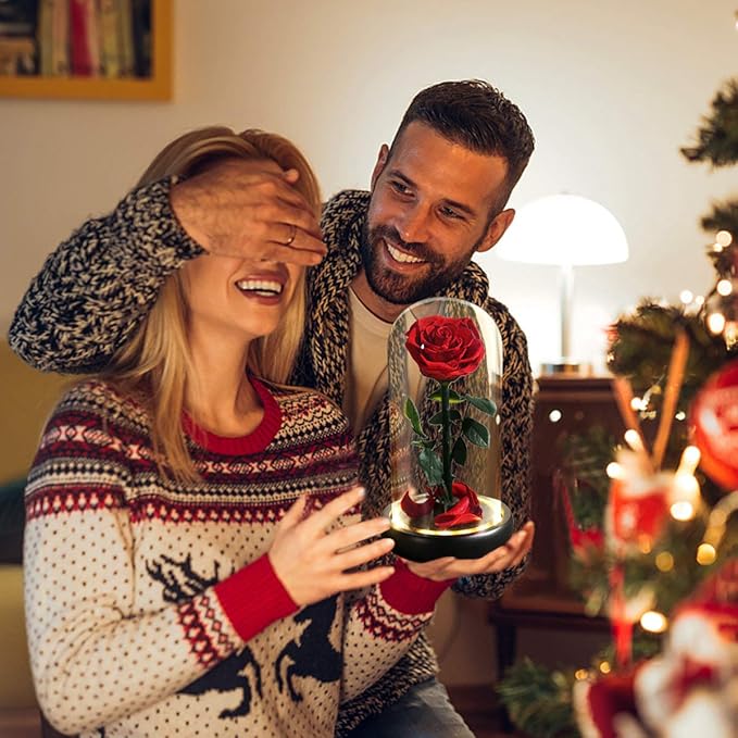 Christmas Unique Gifts for Her,Christmas Flowers for Delivery Prime,Beauty and The Beast Rose in Glass Dome,Birthday Gifts for Women Her Mom Wife Girl Grandma on Thanksgiving Anniversary Valentines