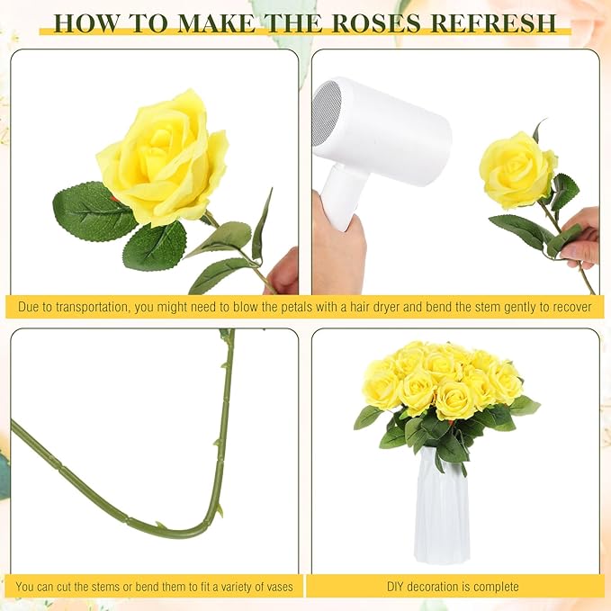 Hotop 20 Pcs Artificial Rose Flowers with Long Stem,Real Touch Silk Realistic Plastic Bouquet Roses Bulk for Home Decor Bridal Wedding Party Table Centerpieces Decorations(Yellow)
