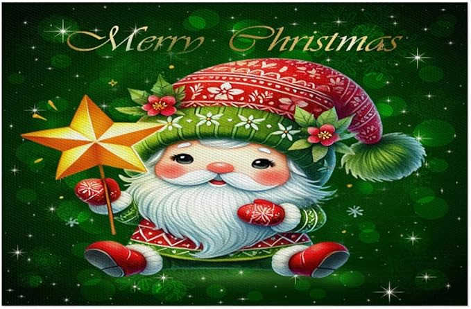 Xmas Christmas Green Santa Claus Placemats Set of 4 PVC Vinyl Non Slip Table Mats Heat Resistant Place Mats Washable Wipeable Dining Table Mat for Kitchen Decor Party Indoor Outdoor Decorative Gift