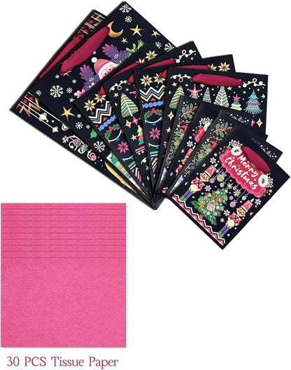 qiqee Christmas Paper Gift Bags with Tissue Paper Handles Assorted Sizes 10PCS Merry Christmas Bags(2pcs Large 13", 4pcs Medium 9", 4pcs Small 6"，30pcs Tissue Paper)