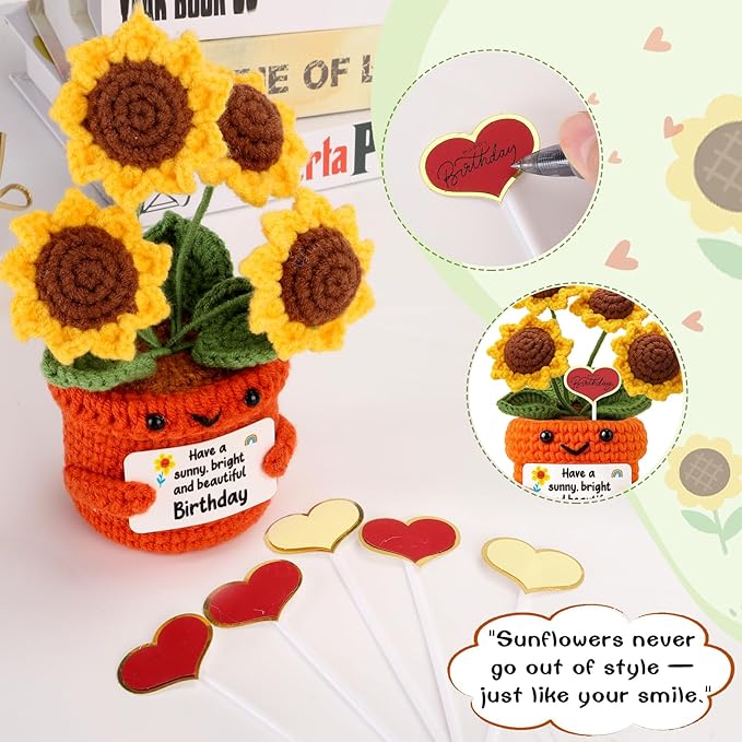 Mini Birthday Gifts for Women – Handmade Crochet Sunflower, Unique Desk Décor Birthday Decorations, Thoughtful Gifts for Women Unique Present for Teacher, Coworker,Mom,Grandma, Wife, Friends