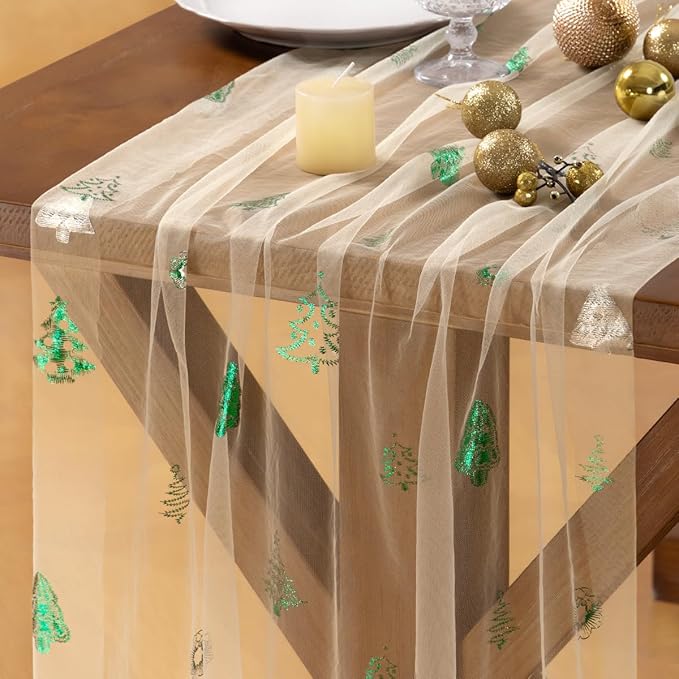 Socomi Christmas Tree Table Runner Gold Gauze Sheer Chiffon Cheesecloth Sequin 10FT Glitter Metallic Foil Dining Wedding Birthday Party Winter Holiday Centerpiece Table Decor 3pcs Beige