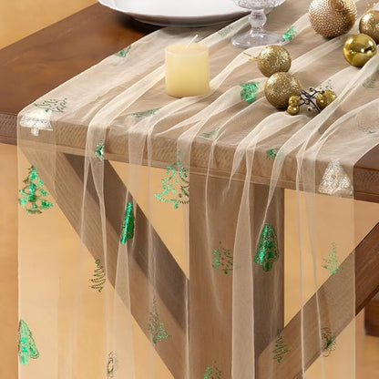 Socomi Christmas Tree Table Runner Gold Gauze Sheer Chiffon Cheesecloth Sequin 10FT Glitter Metallic Foil Dining Wedding Birthday Party Winter Holiday Centerpiece Table Decor Beige