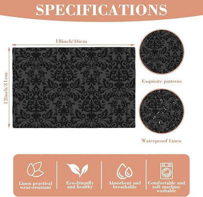 Placemats Set of 4 Vintage Black Damask Floral Dining Place Mats Linen Table Mat for Farmhouse Home Kitchen Decor 12 X 18 Inch