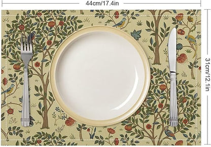 Vintage Trees Placemats Set of 4, William Morris Retro Boho Botanical Plant Birds Place Mats, Heat Resistant Non Slip Cotton Linen Dining Table Mats for Home Kitchen Party 18x12 Inch