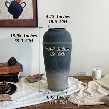 15 Inch Rustic Ceramic Vase, Black Flower Vase for Centerpieces, Farmhouse Decor for Living Room, Entryway & Kitchen, Vintage Pottery Vase for Wedding Gifts