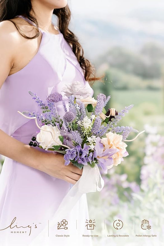 Ling's moment Artificial Flowers Purple Bridesmaid Bouquet Set of 4, Lavender Wedding Flowers Bouquets for Bridesmaids, 7 Inch Bridal Bouquets for Bridesmaids, Wedding, etc