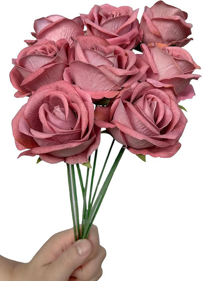 FagusHome 30 Pcs Silk Rose Artificial Flowers Roses Bulk Bouquet Fake Flowers Rose Heads with Stems for Home Wedding Decor (Dark Pink)