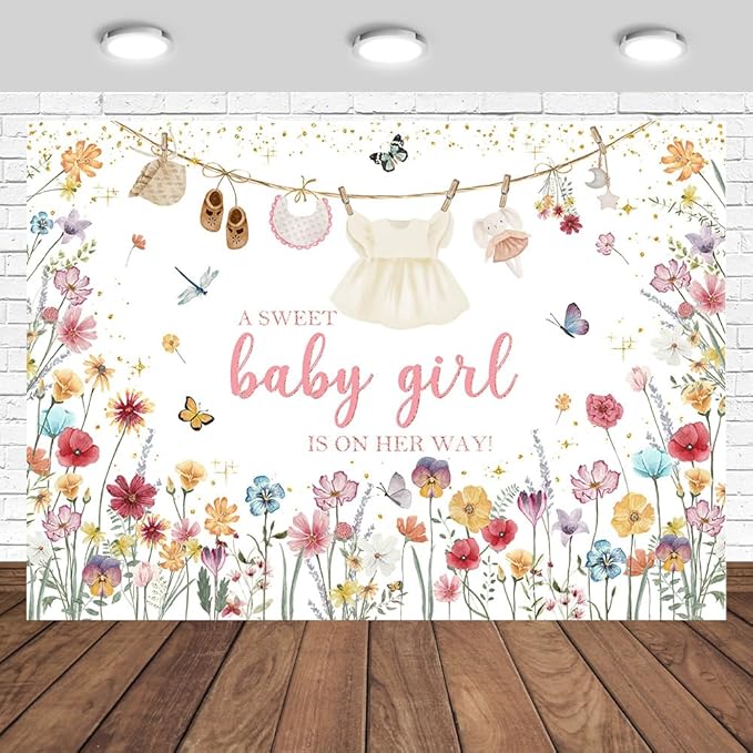 Wildflower Baby Shower Backdrop 7x5ft A Sweet Baby Girl is on Her Way Baby Shower Party Decorations for Girls Cute Clothes Photography Background