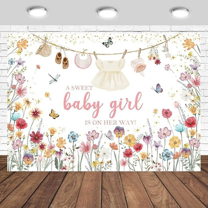 Wildflower Baby Shower Backdrop 7x5ft A Sweet Baby Girl is on Her Way Baby Shower Party Decorations for Girls Cute Clothes Photography Background
