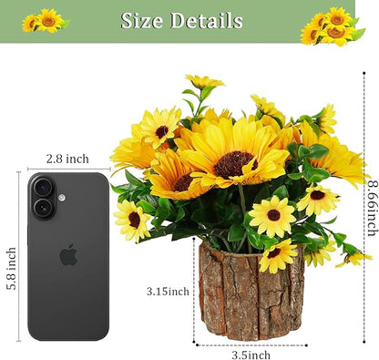 Artificial Flowers Fake Silk Sunflower Flower in Planters Flower Vase Small Rustic Potted Flower Arrangements Artificial for Home Outdoors Tabletop Decor Set of 2 (Yellow)