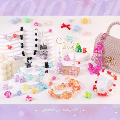 Assorted Acrylic Beads, 130-180PCS 3 Mixed Series Cute Beads for Bracelet Making, GummyBear Bow Flower Kawaii Charms for Jewelry Making DIY Necklace Keychain Phone Charm Christmas Gift