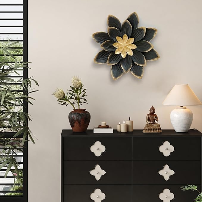 LIFFY 9.2“ Black and Gold Metal Flower Wall Art, Modern Rustic Floral Decor for Indoor Living Room Bedroom Office Outdoor Garden Patio Yard
