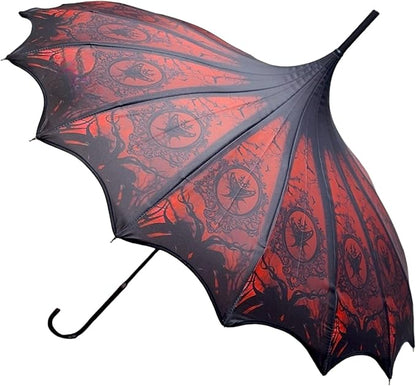Pagoda Umbrella - Artisan Design with Bat Wing Scalloped Edges, Full Size Waterproof Windproof UV Protection Gothic Parasol with Carry Case