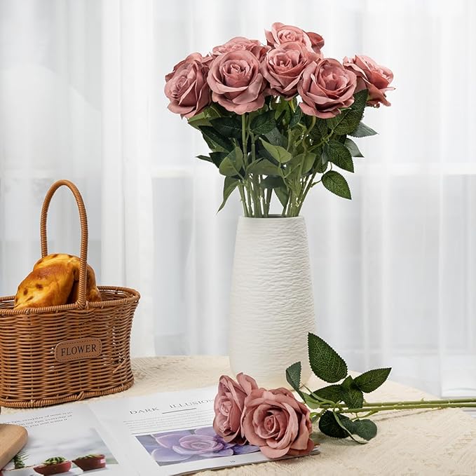Laelfe Artificial Flowers Dusty Pink Roses Fake Silk Flower Long Stem Artificial Roses for Home Wendding Bathroom Party Decorations