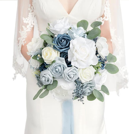 Ling's moment Dusty Blue Bridal Bouquet for Bride, Blue Wedding Bouquets for Bride, 13 Inch Silk Round Artificial Wedding Flowers Bouquets