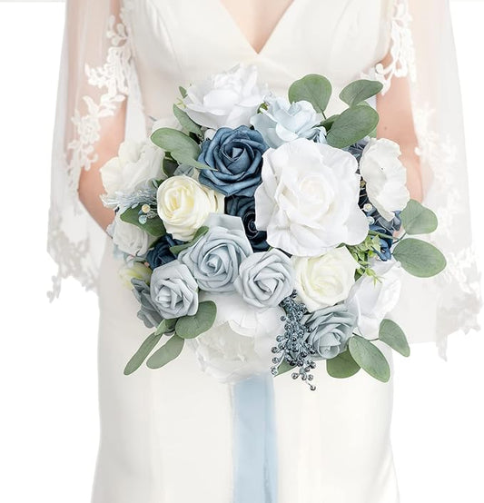 Ling's moment Dusty Blue Bridal Bouquet for Bride, Blue Wedding Bouquets for Bride, 13 Inch Silk Round Artificial Wedding Flowers Bouquets