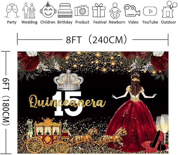Red Dress Rose Flower Backdrops Quinceanera Birthday Backdrop for Girl Princess Happy 15th Bday Carriage Photography Props Cake Table Banner 8x6ft BJLSLU304