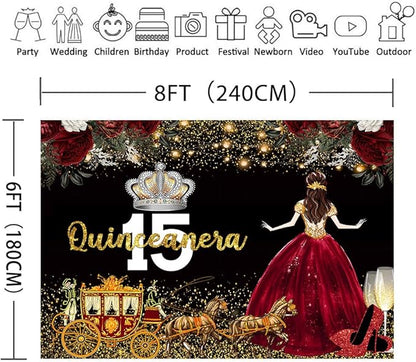 Red Dress Rose Flower Backdrops Quinceanera Birthday Backdrop for Girl Princess Happy 15th Bday Carriage Photography Props Cake Table Banner 8x6ft BJLSLU304